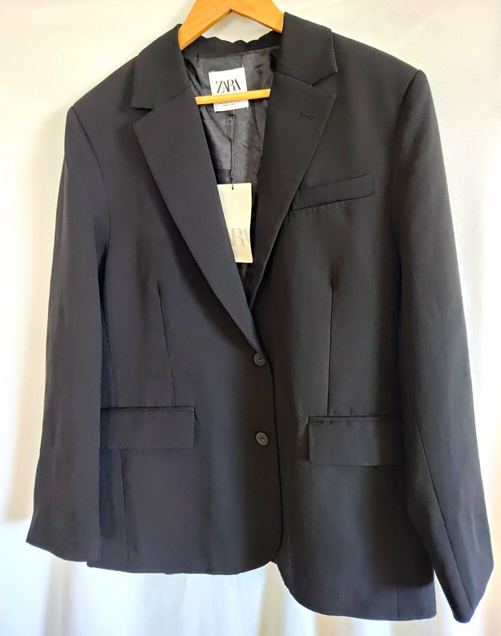 ZARA Women’s Black Blazer Jacket L Notch Lapel Two-Button Single-Breasted